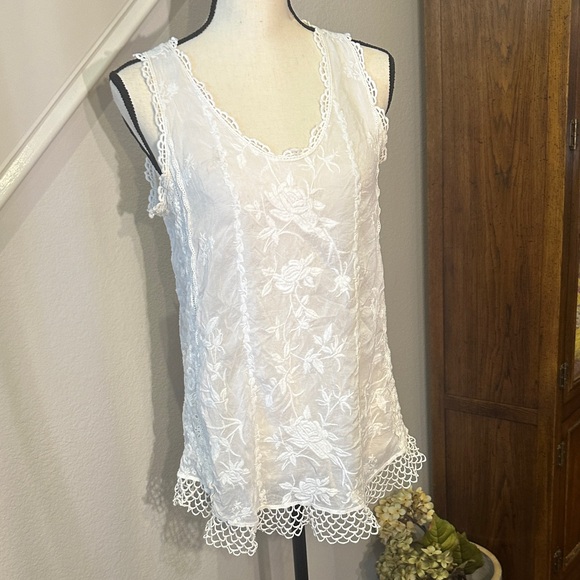 Johnny Was Tops - Johnny Was White   Floral Eyelet Lace Top